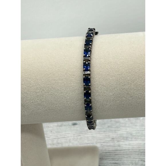 DBJ 925 Sterling Silver 7.5 Inch Blue Oval Stone Sapphire Link Tennis Bracelet - Picture 5 of 11